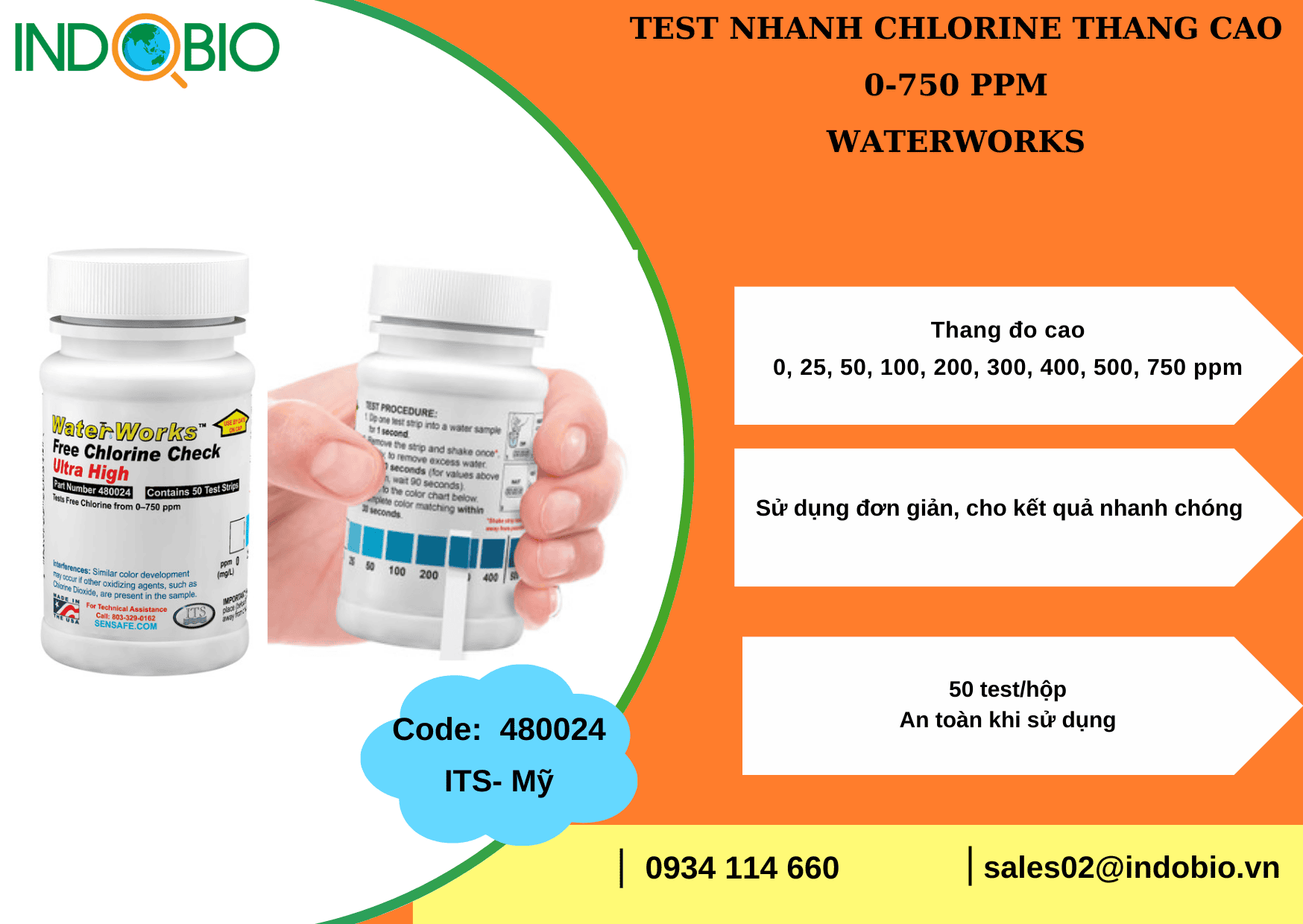 QUE TEST NHANH CLO DƯ THANG CAO WATERWORKS 480024 THANG ĐO 0-750 PPM  50 test/hộp